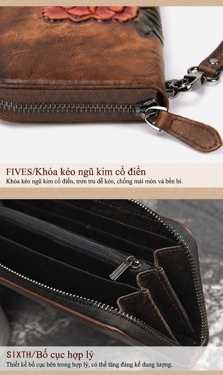 Ví Da Thật Dáng Dài Khóa Kéo Đựng Tiền Card Thiết Kế Hoa Văn Phong Cách Âu Mỹ Màu Nâu Đỏ, Đen chi tiết 14