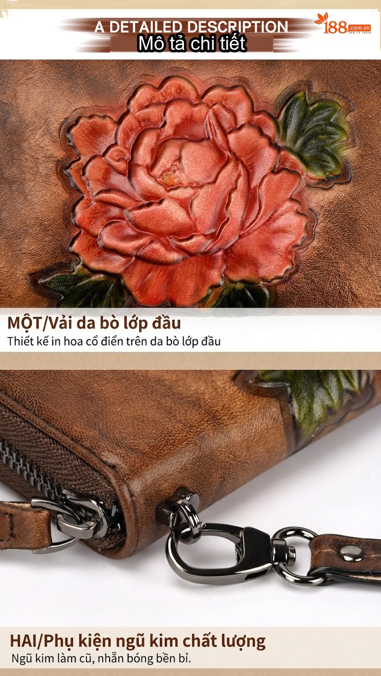 Ví Da Thật Dáng Dài Khóa Kéo Đựng Tiền Card Thiết Kế Hoa Văn Phong Cách Âu Mỹ Màu Nâu Đỏ, Đen chi tiết 13