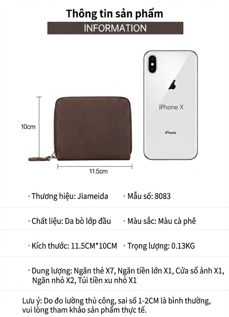 Ví Da Thật Nam Khóa Kéo Đựng Tiền Xu Nhiều Ngăn Phong Cách Retro Màu Nâu chi tiết 6