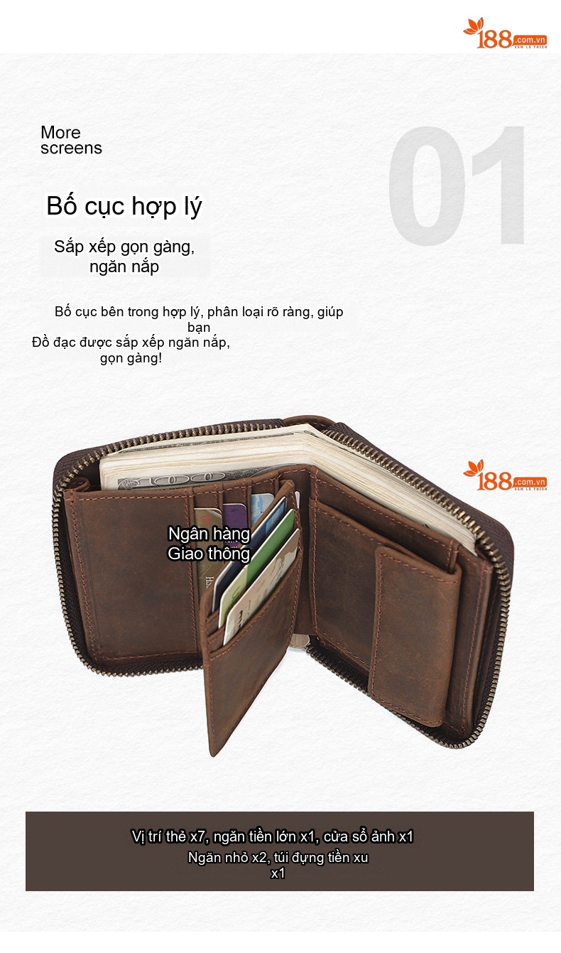 Ví Da Thật Nam Khóa Kéo Đựng Tiền Xu Nhiều Ngăn Phong Cách Retro Màu Nâu chi tiết 3