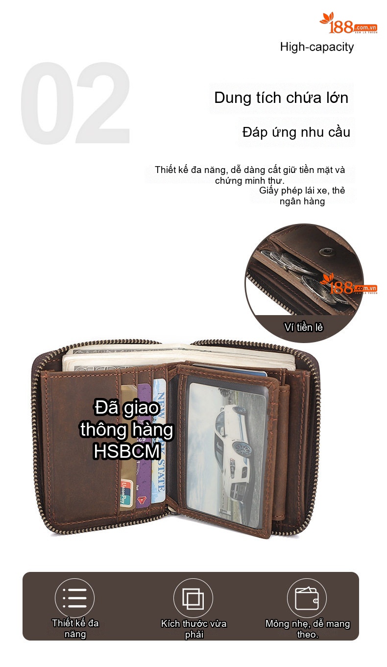 Ví Da Thật Nam Khóa Kéo Đựng Tiền Xu Nhiều Ngăn Phong Cách Retro Màu Nâu chi tiết 4