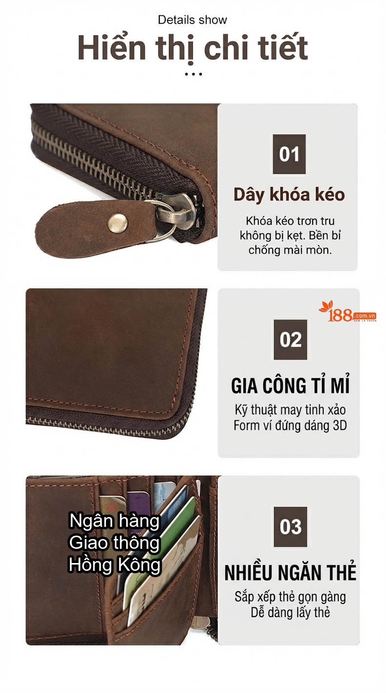 Ví Da Thật Nam Khóa Kéo Đựng Tiền Xu Nhiều Ngăn Phong Cách Retro Màu Nâu chi tiết 5
