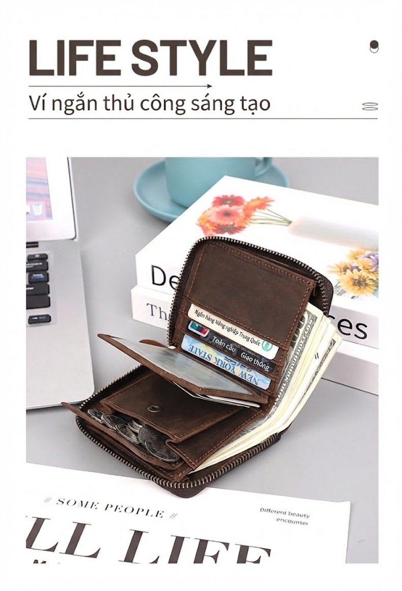 Ví Da Thật Nam Khóa Kéo Đựng Tiền Xu Nhiều Ngăn Phong Cách Retro Màu Nâu chi tiết 2