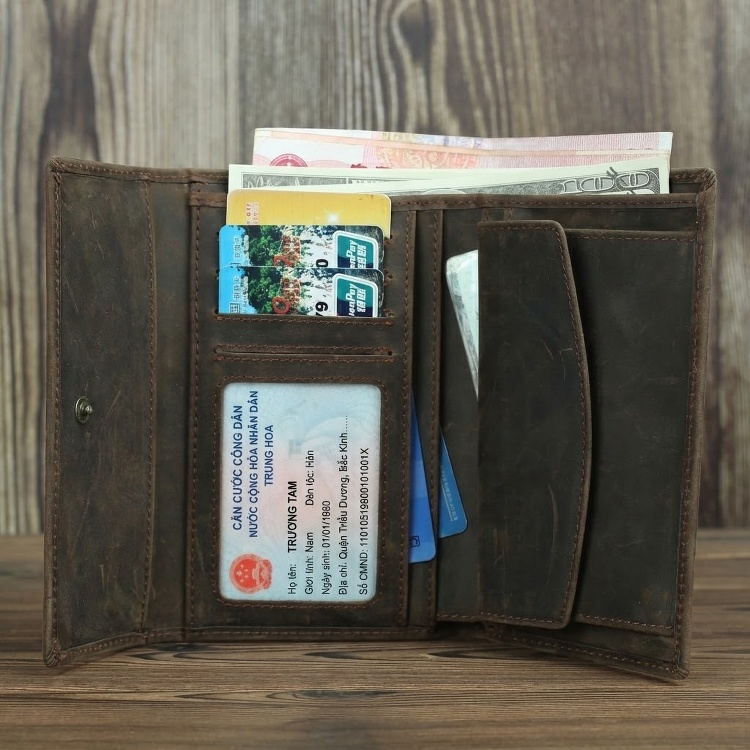 Ví Da Thật Nam Thủ Công Da Bò Lớp Đầu Tiên Phong Cách Retro Gập Ba Dáng Dài Màu Nâu