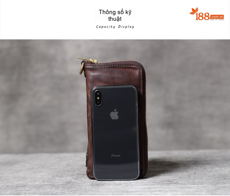 Ví Dài Cầm Tay Đa Năng Da Bò Ý Vân Vintage Có Khoá Kéo Đựng Điện Thoại Màu Nâu chi tiết 9