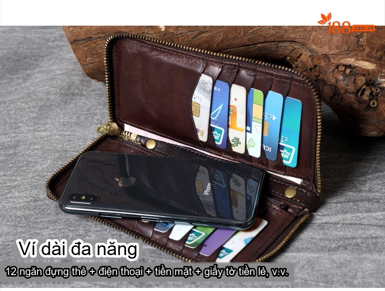 Ví Dài Cầm Tay Đa Năng Da Bò Ý Vân Vintage Có Khoá Kéo Đựng Điện Thoại Màu Nâu chi tiết 10