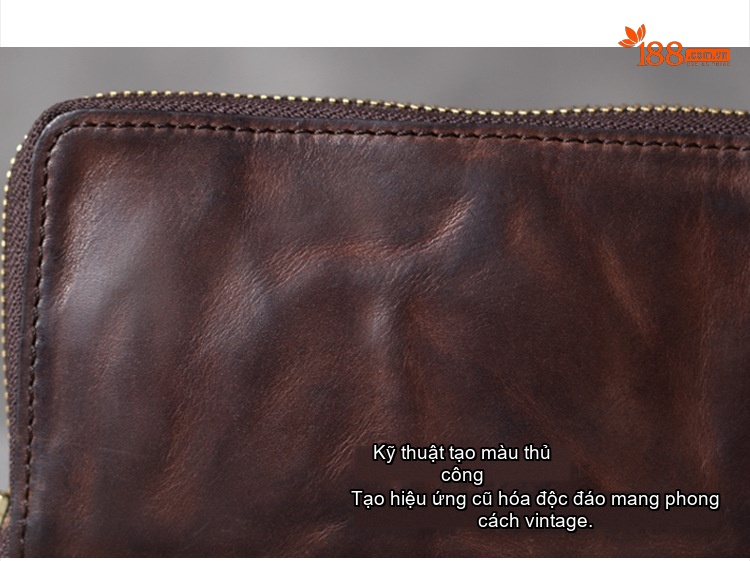 Ví Dài Cầm Tay Đa Năng Da Bò Ý Vân Vintage Có Khoá Kéo Đựng Điện Thoại Màu Nâu chi tiết 13