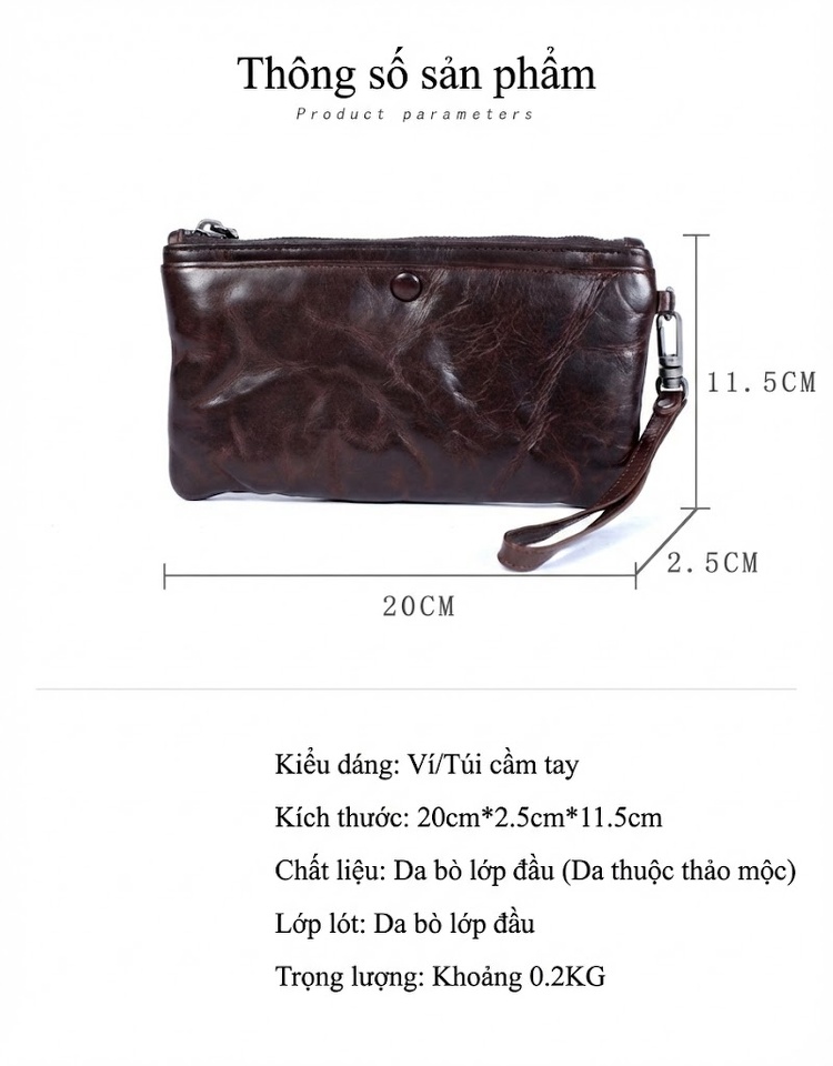 Ví Dài Cầm Tay Nam Da Bò Thủ Công Vintage Đựng Điện Thoại, Thẻ Màu Nâu chi tiết 2