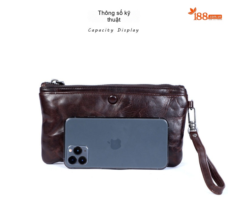 Ví Dài Cầm Tay Nam Da Bò Thủ Công Vintage Đựng Điện Thoại, Thẻ Màu Nâu chi tiết 3