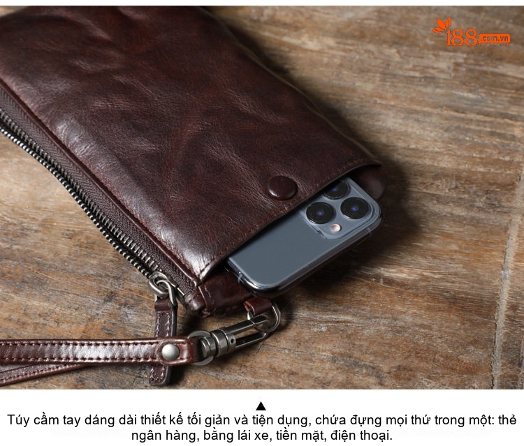 Ví Dài Cầm Tay Nam Da Bò Thủ Công Vintage Đựng Điện Thoại, Thẻ Màu Nâu chi tiết 4