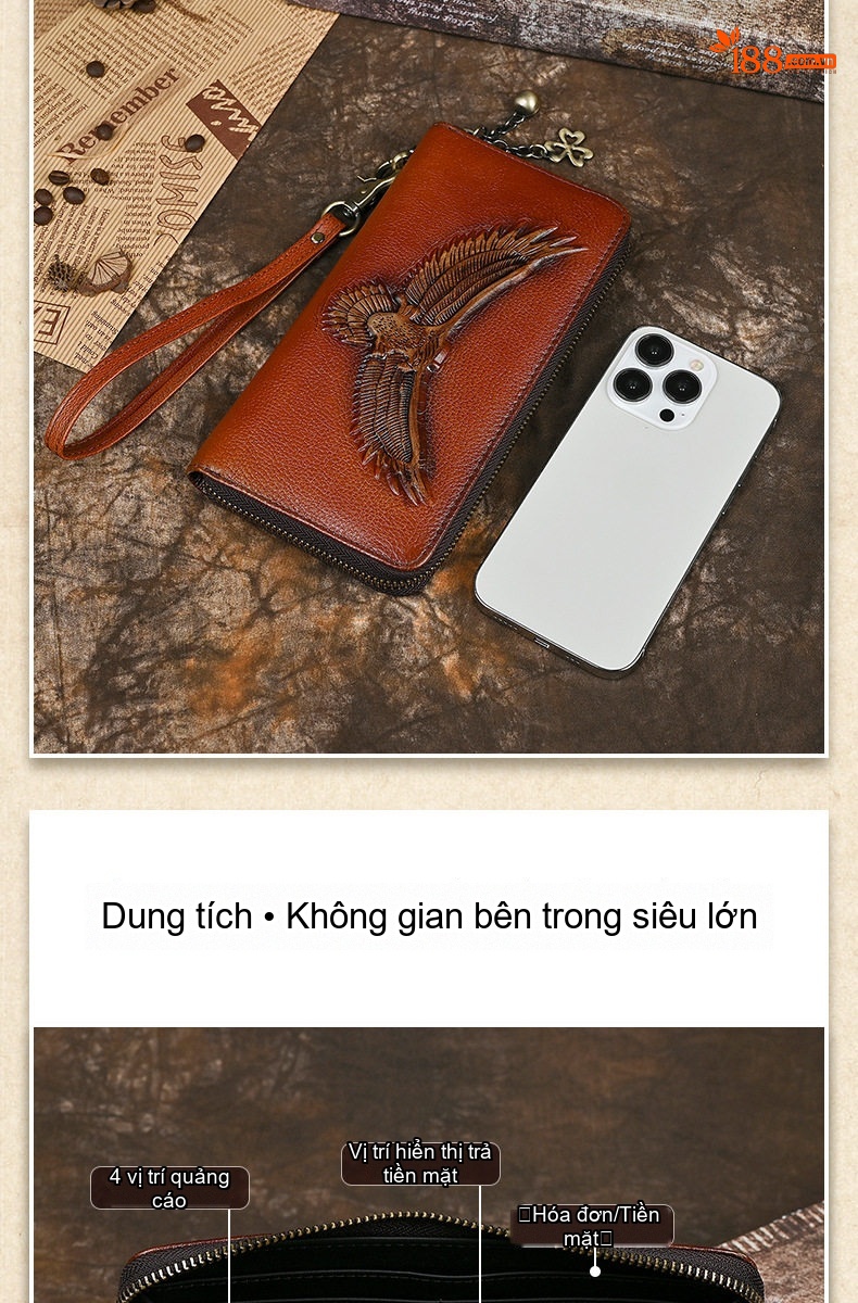Ví Dài Cầm Tay Nam Nữ Da Bò Khóa Kéo Dung Tích Lớn Nhiều Ngăn Màu Nâu Đậm, Nâu Vừa chi tiết 5