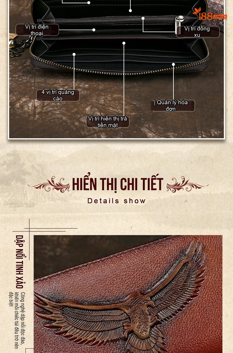 Ví Dài Cầm Tay Nam Nữ Da Bò Khóa Kéo Dung Tích Lớn Nhiều Ngăn Màu Nâu Đậm, Nâu Vừa chi tiết 6