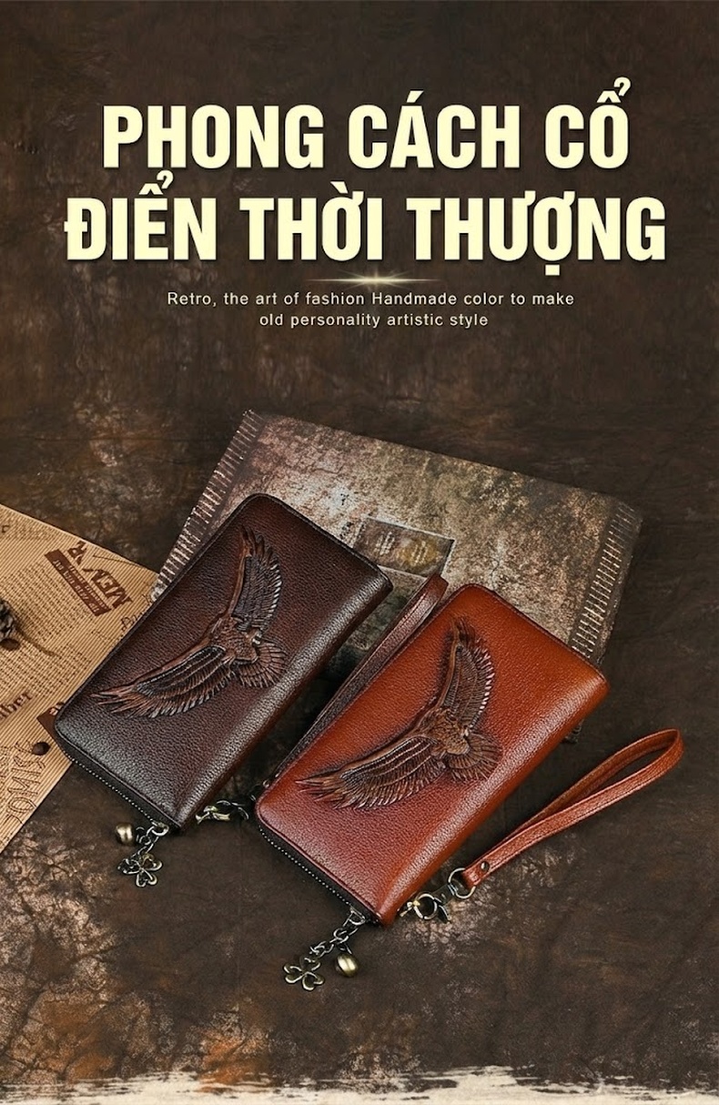 Ví Dài Cầm Tay Nam Nữ Da Bò Khóa Kéo Dung Tích Lớn Nhiều Ngăn Màu Nâu Đậm, Nâu Vừa chi tiết 1