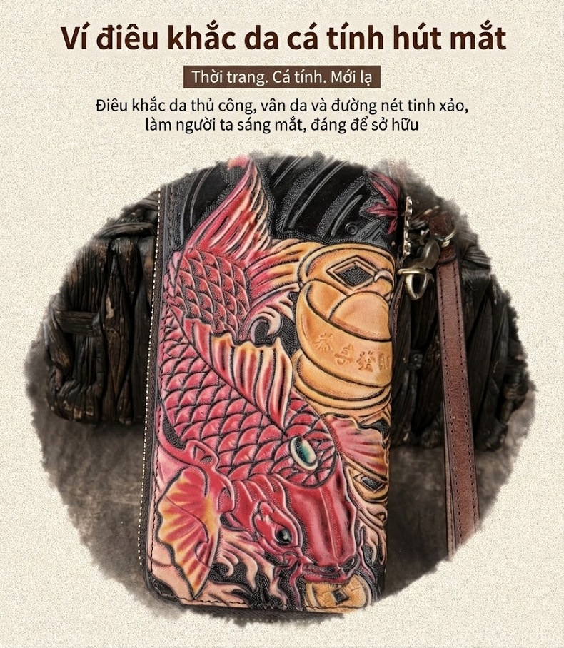 Ví Dài Cầm Tay Nam Nữ Da Thật Thủ Công Điêu Khắc Hình Cá Chép Khóa Kéo Màu Nâu, Đỏ, Xanh chi tiết 3