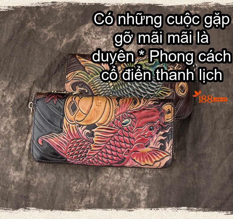 Ví Dài Cầm Tay Nam Nữ Da Thật Thủ Công Điêu Khắc Hình Cá Chép Khóa Kéo Màu Nâu, Đỏ, Xanh chi tiết 1
