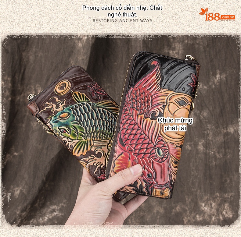 Ví Dài Cầm Tay Nam Nữ Da Thật Thủ Công Điêu Khắc Hình Cá Chép Khóa Kéo Màu Nâu, Đỏ, Xanh chi tiết 2