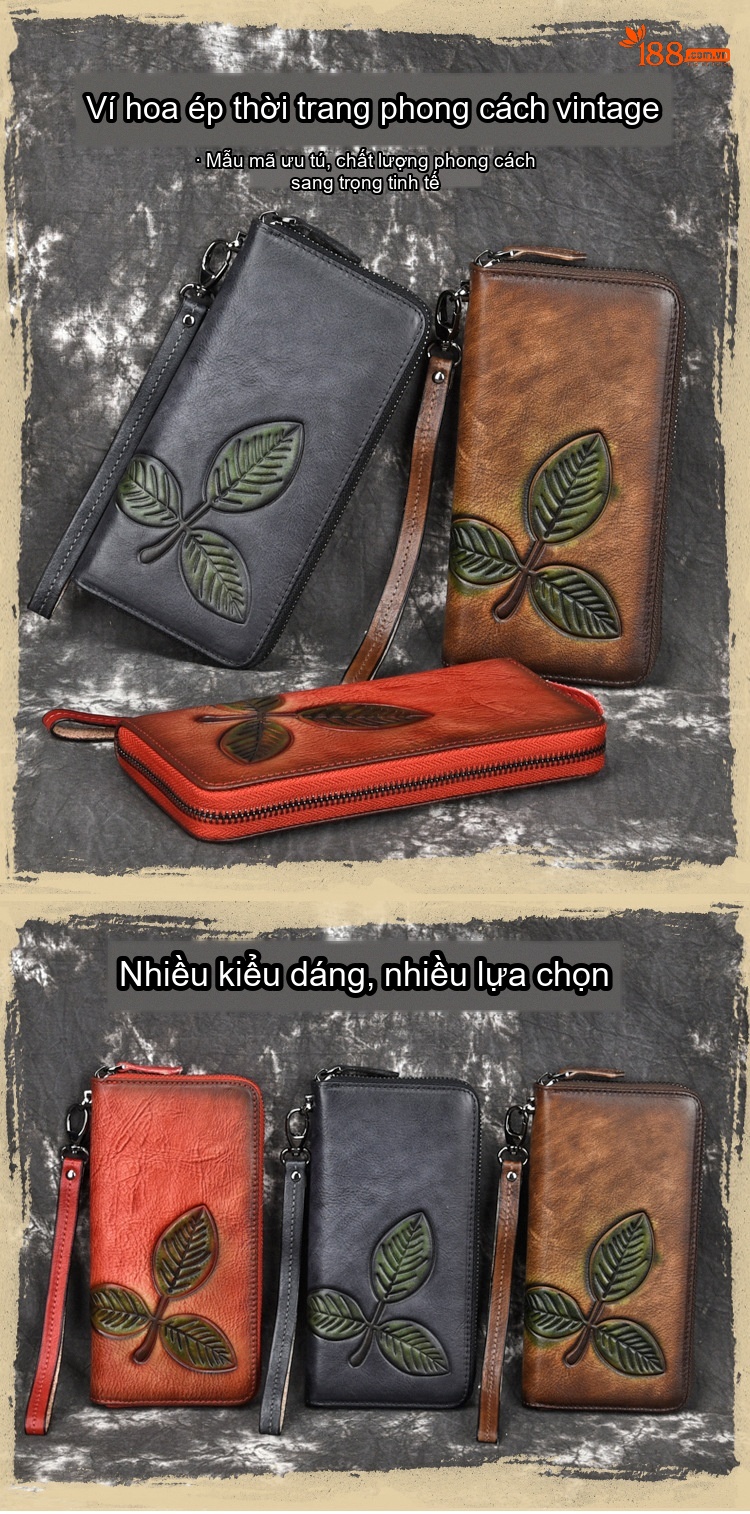 Ví Dài Cầm Tay Nữ Da Bò Khóa Kéo Nhiều Ngăn Phong Cách Retro Màu Đỏ, Nâu, Đen chi tiết 1