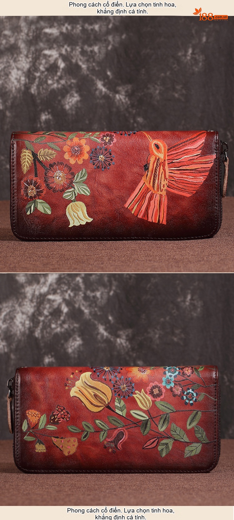 Ví Dài Cầm Tay Nữ Da Bò Thật Khóa Kéo In Hoa Văn Phong Cách Vintage chi tiết 3