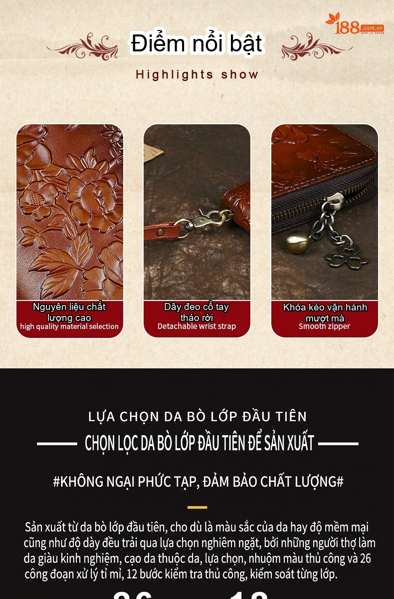 Ví Dài Cầm Tay Nữ Da Thật Dập Hoa Văn Cổ Điển Màu Nâu, Nâu Đậm chi tiết 3
