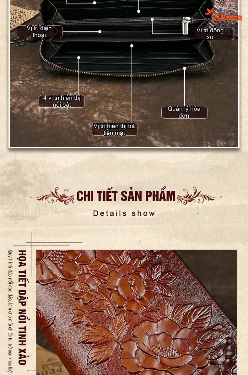 Ví Dài Cầm Tay Nữ Da Thật Dập Hoa Văn Cổ Điển Màu Nâu, Nâu Đậm chi tiết 6