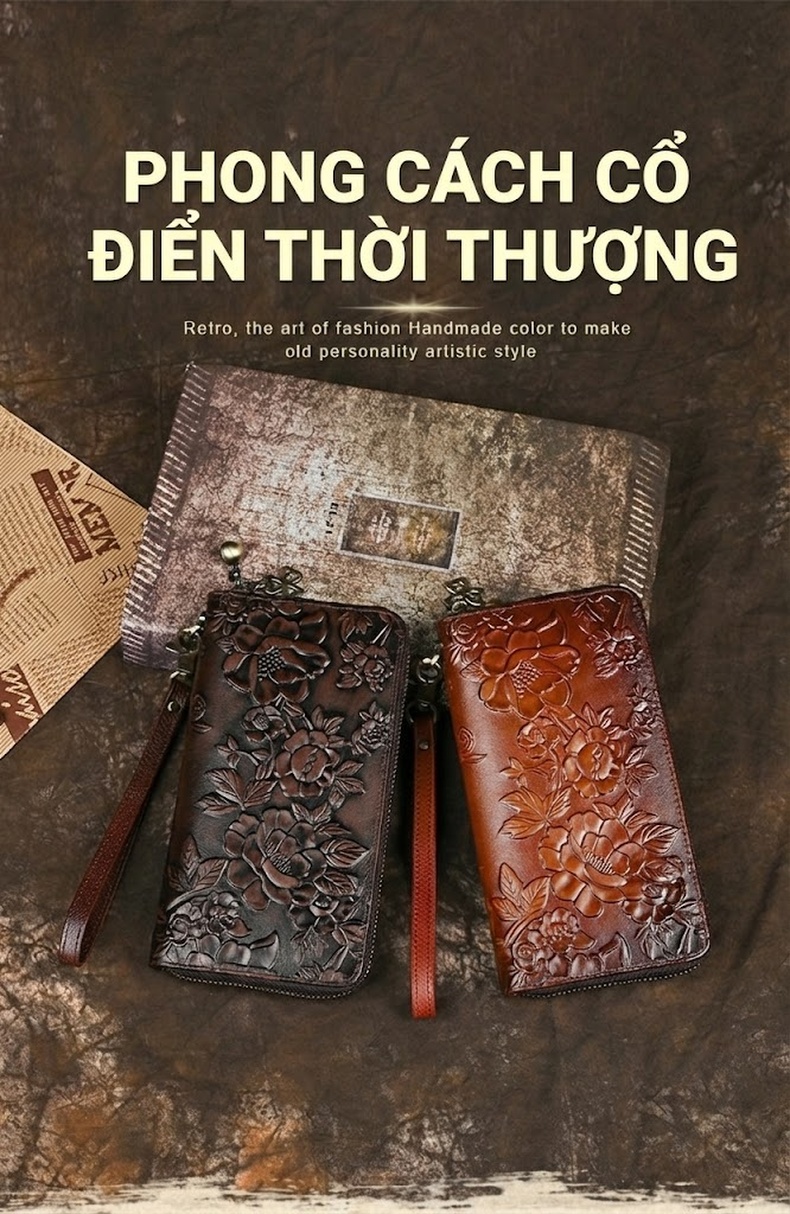 Ví Dài Cầm Tay Nữ Da Thật Dập Hoa Văn Cổ Điển Màu Nâu, Nâu Đậm chi tiết 1
