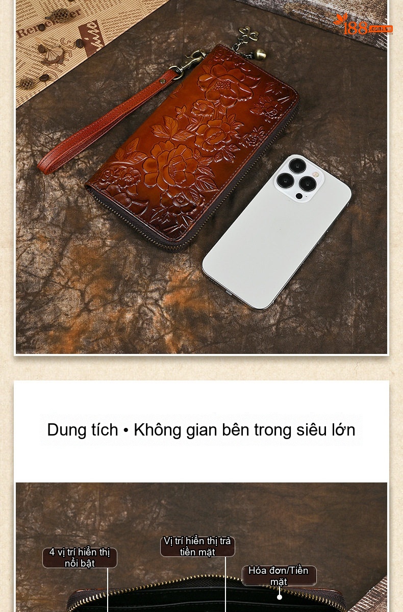 Ví Dài Cầm Tay Nữ Da Thật Dập Hoa Văn Cổ Điển Màu Nâu, Nâu Đậm chi tiết 5