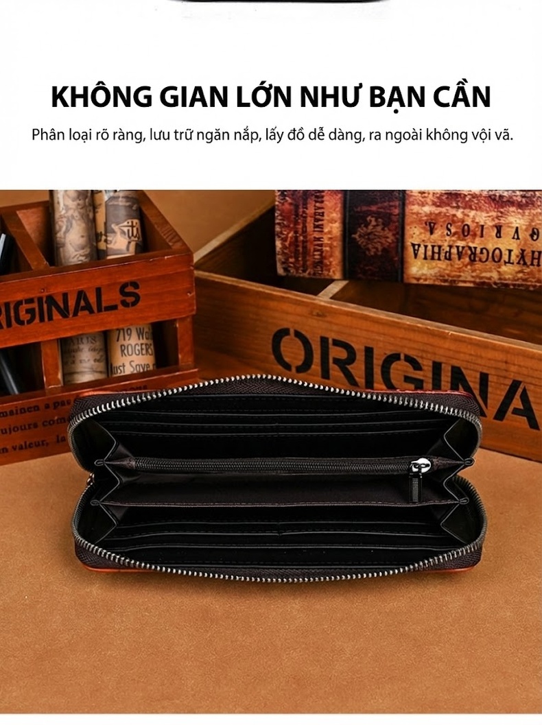 Ví Dài Cầm Tay Unisex Da Thật Khóa Kéo Họa Tiết Hoa Văn Dập Nổi Màu Nâu, Đen chi tiết 13