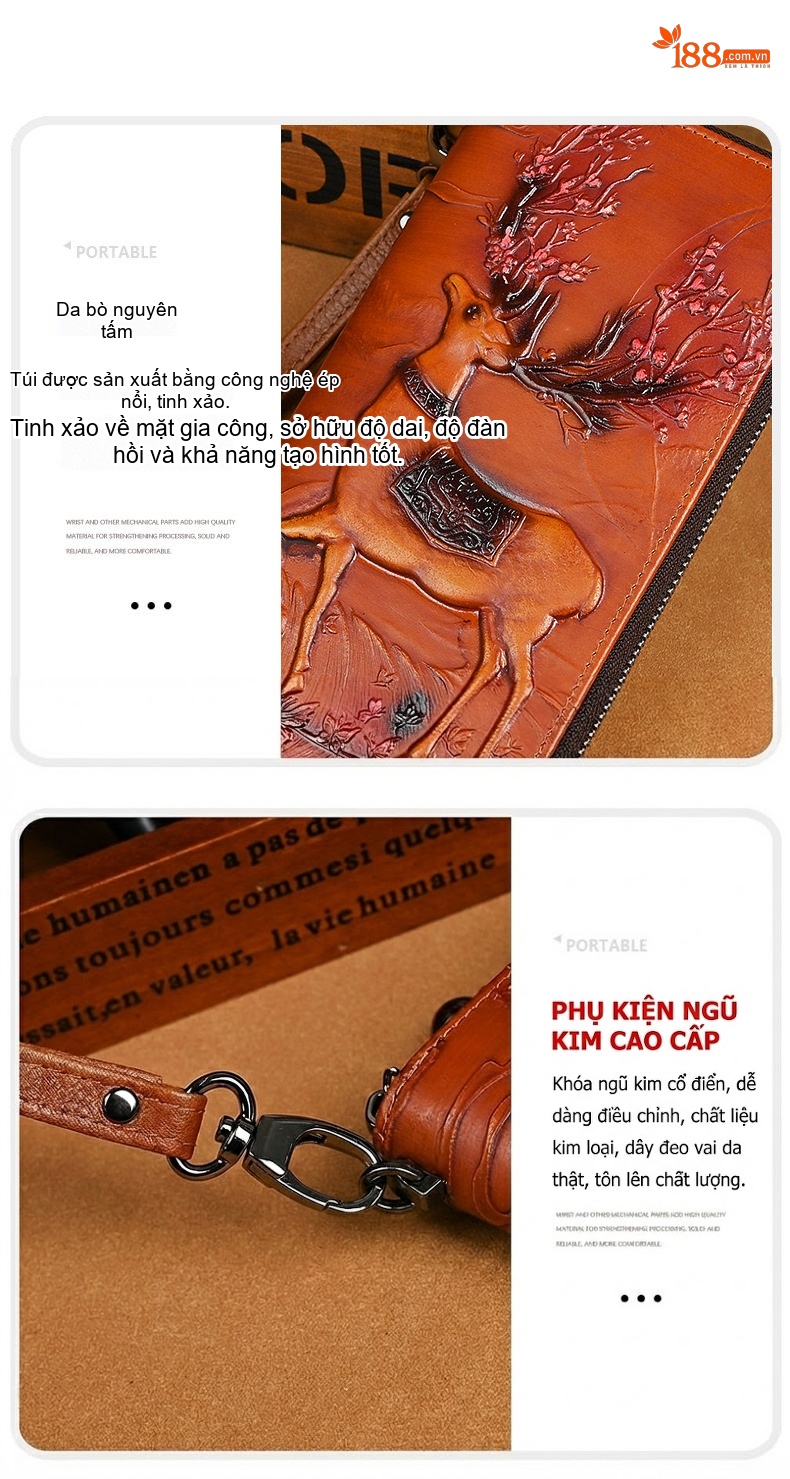 Ví Dài Cầm Tay Unisex Da Thật Khóa Kéo Họa Tiết Hoa Văn Dập Nổi Màu Nâu, Đen chi tiết 15