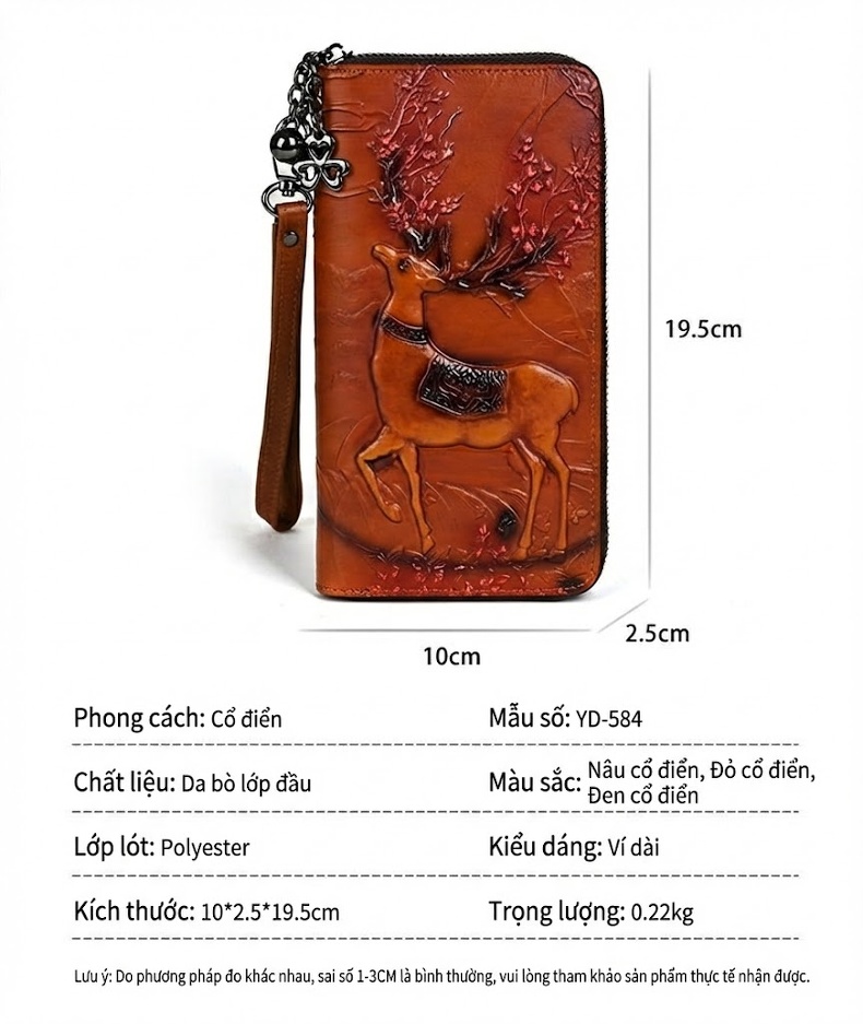 Ví Dài Cầm Tay Unisex Da Thật Khóa Kéo Họa Tiết Hoa Văn Dập Nổi Màu Nâu, Đen chi tiết 3