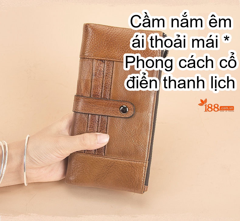 Ví Dài Nam Da Bò Cổ Điển Nhiều Ngăn Đựng Thẻ Màu Nâu, Đen chi tiết 1