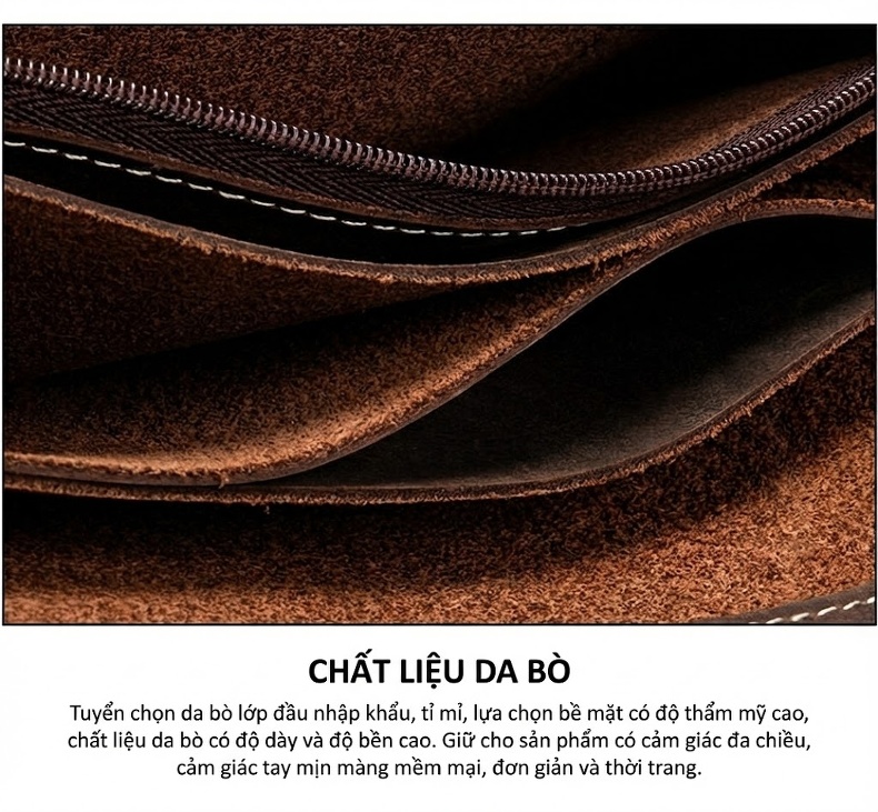 Ví Dài Nam Da Bò Có Khóa Kéo, Móc Xích Tiện Lợi Màu Nâu chi tiết 9