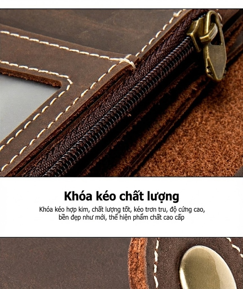 Ví Dài Nam Da Bò Có Khóa Kéo, Móc Xích Tiện Lợi Màu Nâu chi tiết 10