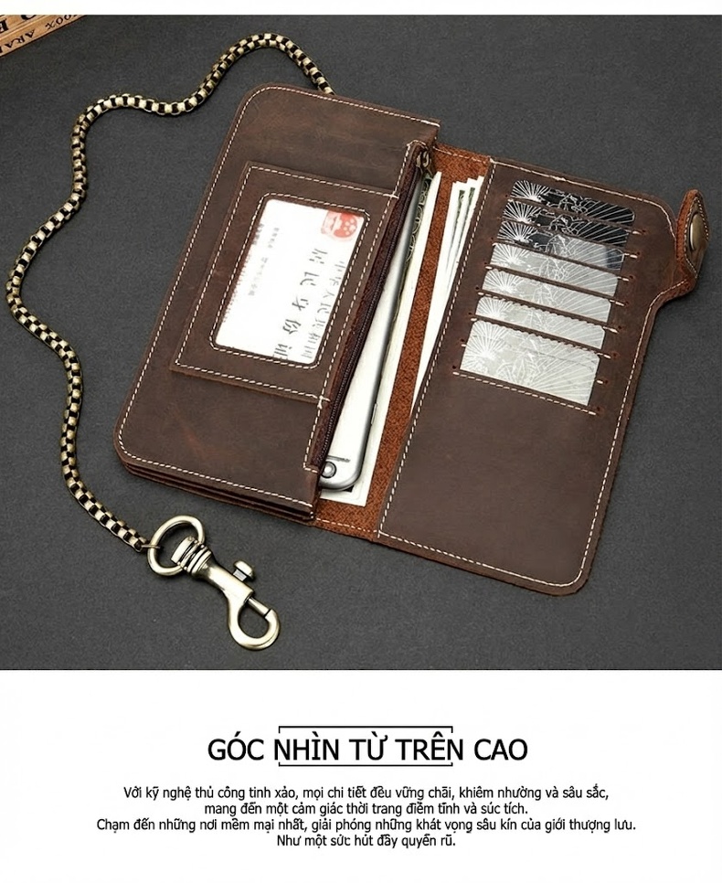 Ví Dài Nam Da Bò Có Khóa Kéo, Móc Xích Tiện Lợi Màu Nâu chi tiết 7