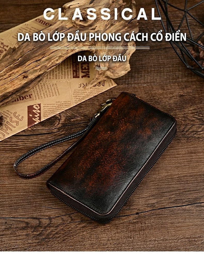 Ví Dài Nam Da Bò Dáng Vintage Khóa Kéo Màu Nâu Đen chi tiết 1