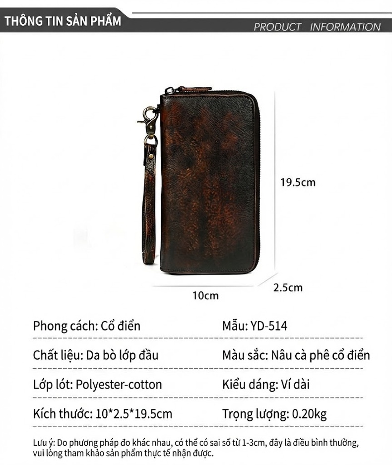 Ví Dài Nam Da Bò Dáng Vintage Khóa Kéo Màu Nâu Đen chi tiết 3