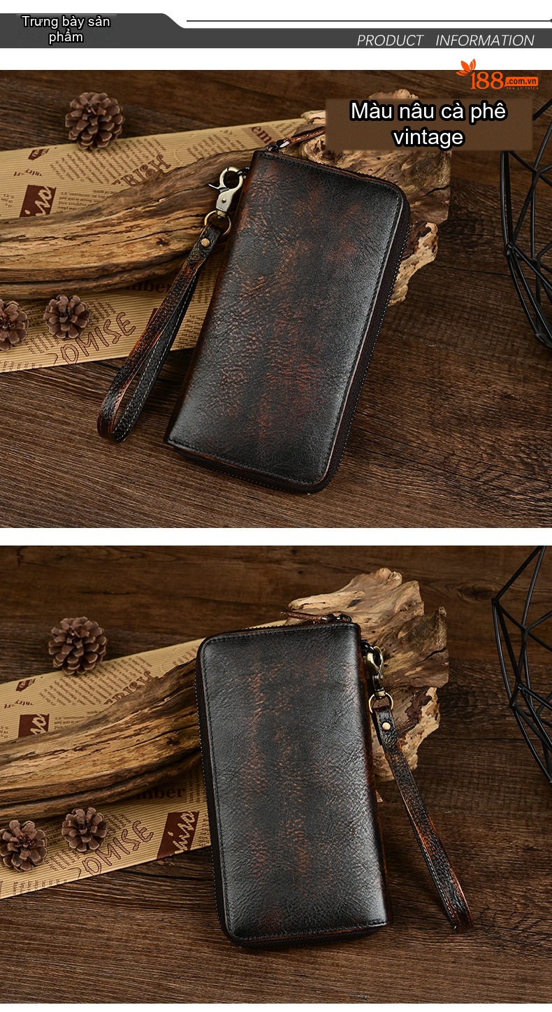 Ví Dài Nam Da Bò Dáng Vintage Khóa Kéo Màu Nâu Đen chi tiết 4