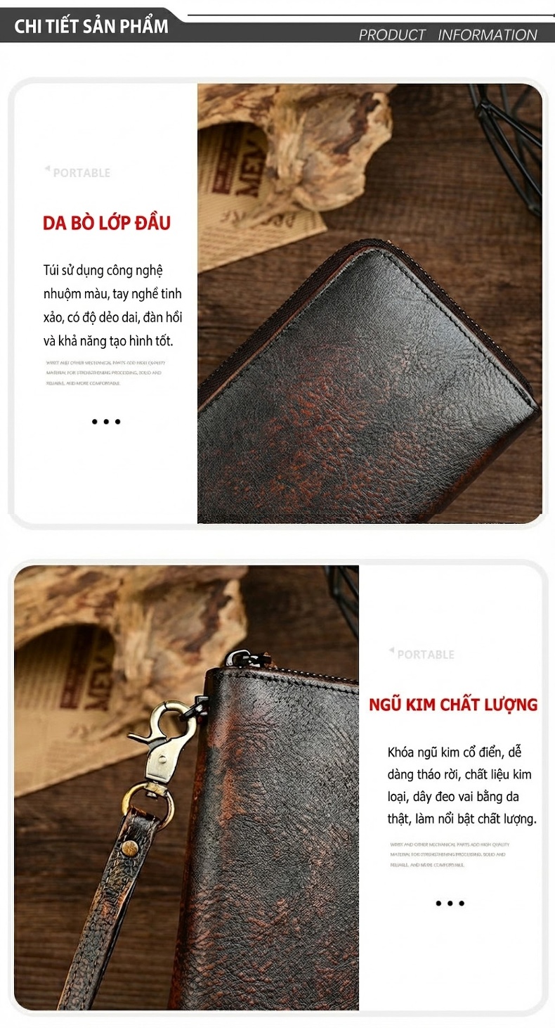 Ví Dài Nam Da Bò Dáng Vintage Khóa Kéo Màu Nâu Đen chi tiết 9
