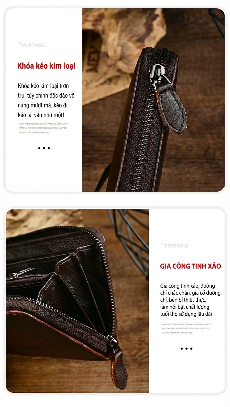 Ví Dài Nam Da Bò Dáng Vintage Khóa Kéo Màu Nâu Đen chi tiết 10