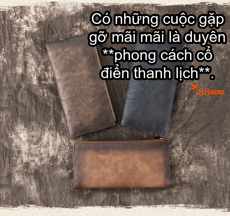 Ví Dài Nam Da Bò Khóa Kéo Cầm Tay Phong Cách Âu Mỹ Màu Nâu, Đen chi tiết 1