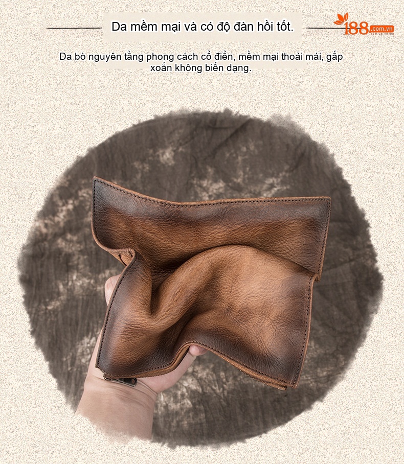 Ví Dài Nam Da Bò Khóa Kéo Cầm Tay Phong Cách Âu Mỹ Màu Nâu, Đen chi tiết 3