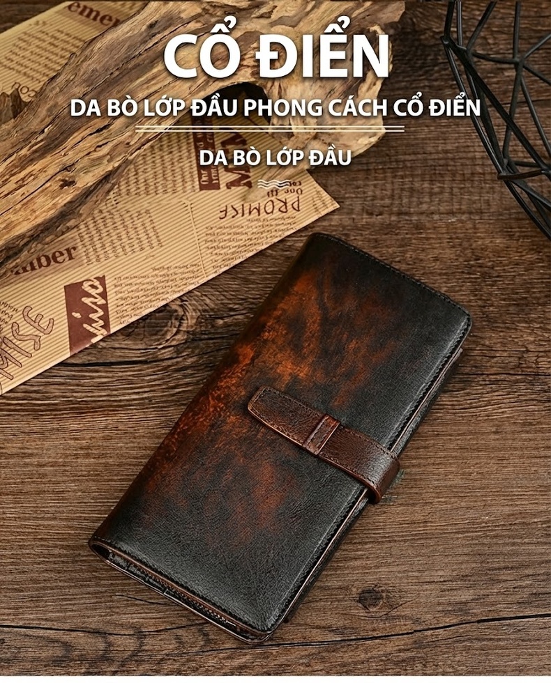 Ví Dài Nam Da Bò Nhiều Ngăn Cầm Tay Khóa Gài Phong Cách Retro Màu Nâu Đen chi tiết 1