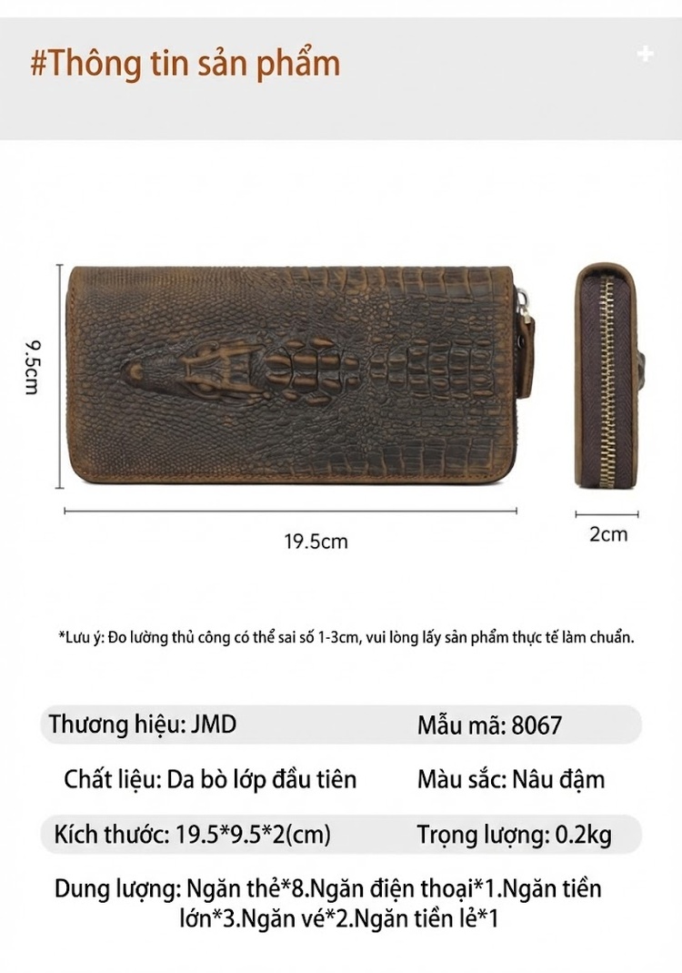Ví Dài Nam Da Bò Thật Khóa Kéo Vân Cá Sấu Phong Cách Retro chi tiết 7