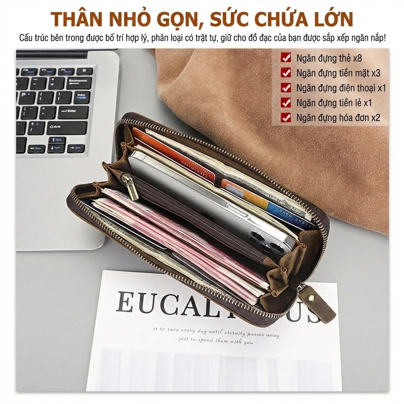 Ví Dài Nam Da Bò Thật Khóa Kéo Vân Cá Sấu Phong Cách Retro