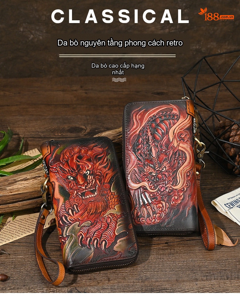 Ví Dài Nam Da Bò Thủ Công Mỹ Nghệ Khắc Hình Cổ Điển chi tiết 1