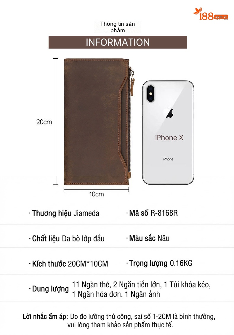 Ví Dài Nam Da Thật Khóa Kéo Phong Cách Retro Màu Nâu chi tiết 2