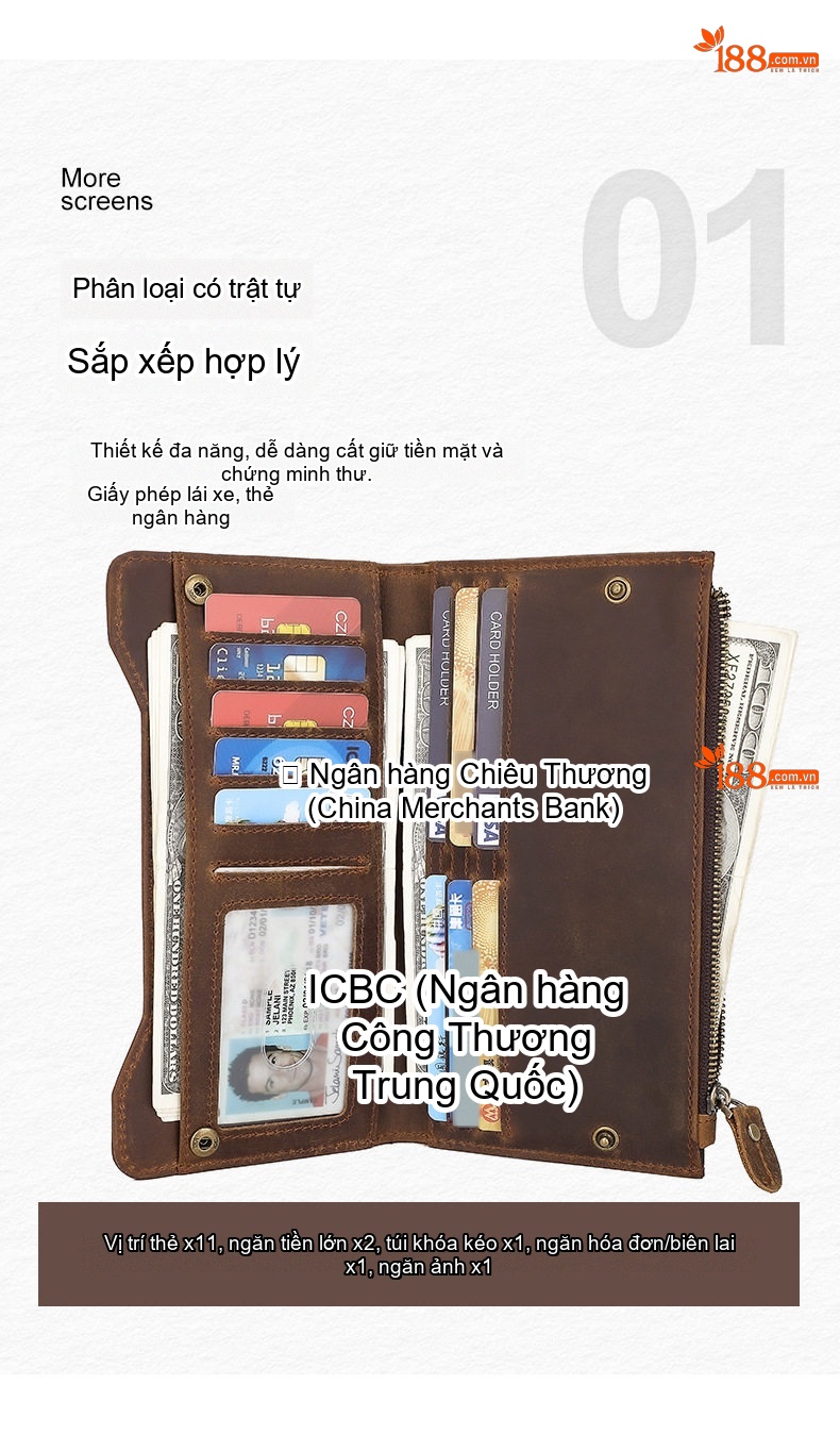 Ví Dài Nam Da Thật Khóa Kéo Phong Cách Retro Màu Nâu chi tiết 5
