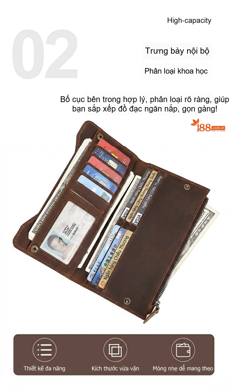 Ví Dài Nam Da Thật Khóa Kéo Phong Cách Retro Màu Nâu chi tiết 6