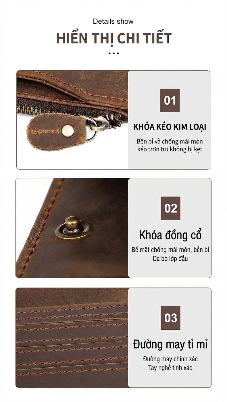Ví Dài Nam Da Thật Khóa Kéo Phong Cách Retro Màu Nâu chi tiết 7