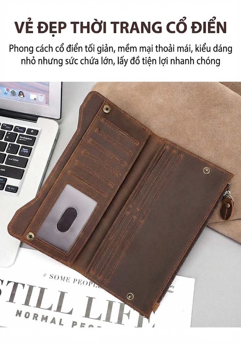 Ví Dài Nam Da Thật Khóa Kéo Phong Cách Retro Màu Nâu chi tiết 4