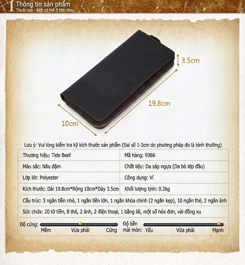 Ví Dài Nam Da Thật Khóa Kéo Phong Cách Retro Màu Nâu chi tiết 4
